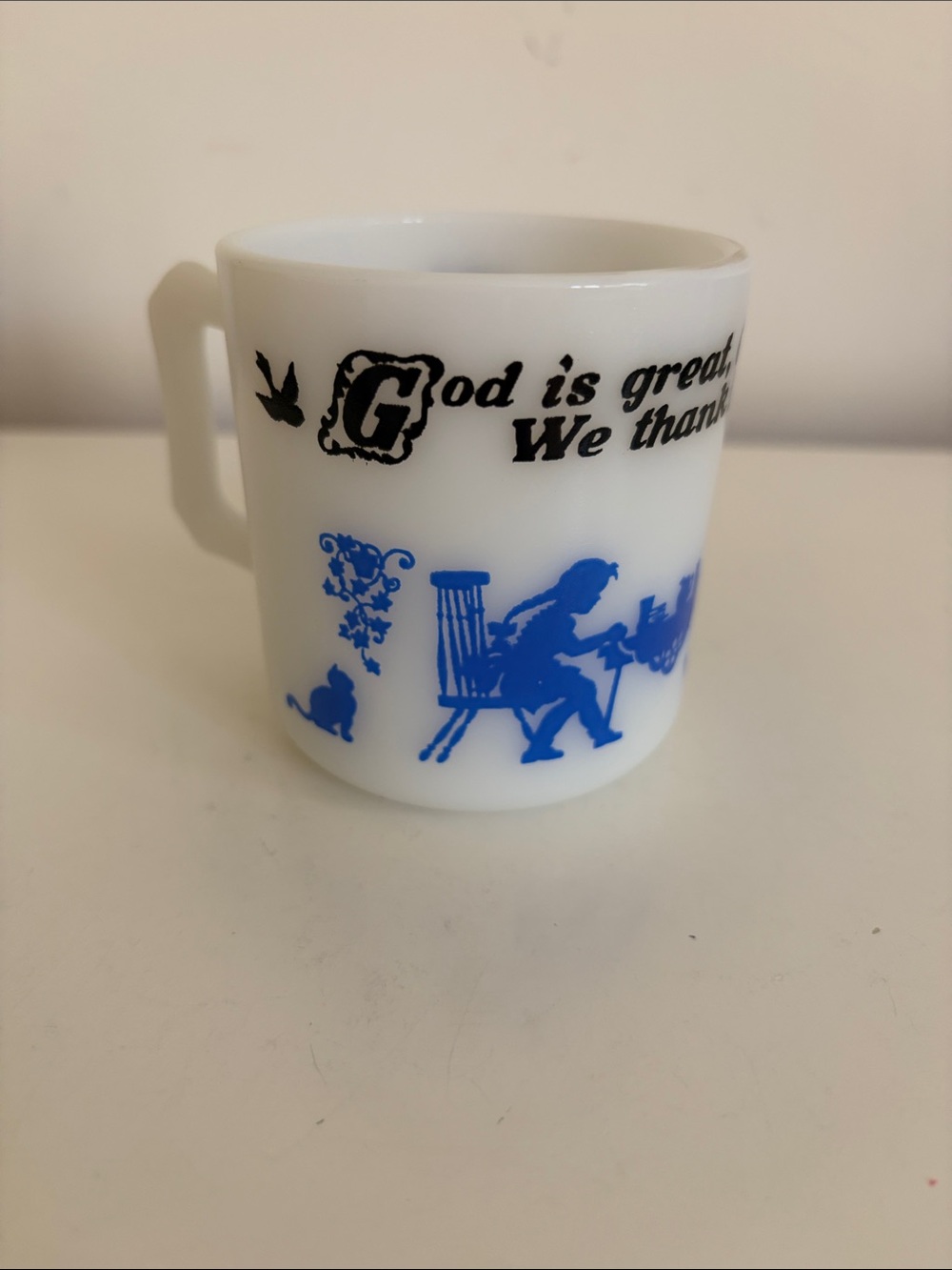 Vintage White Milk Glass Mug with Blue Silhouette Design with Traditional Prayer